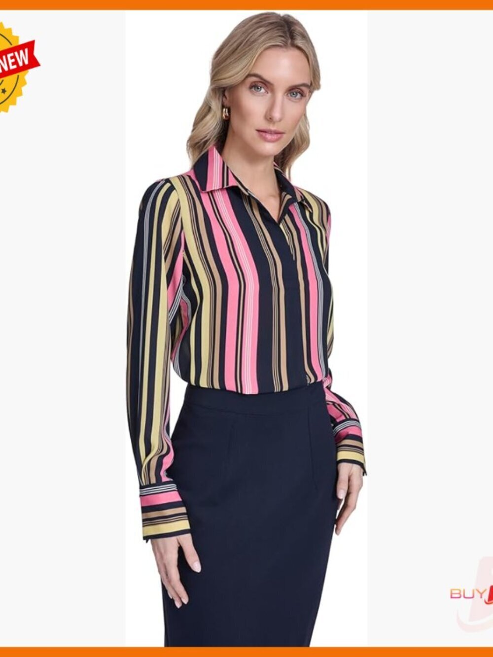 Long Sleeve Striped Popover Work Blouse Raglan Sleeve Slit Neck